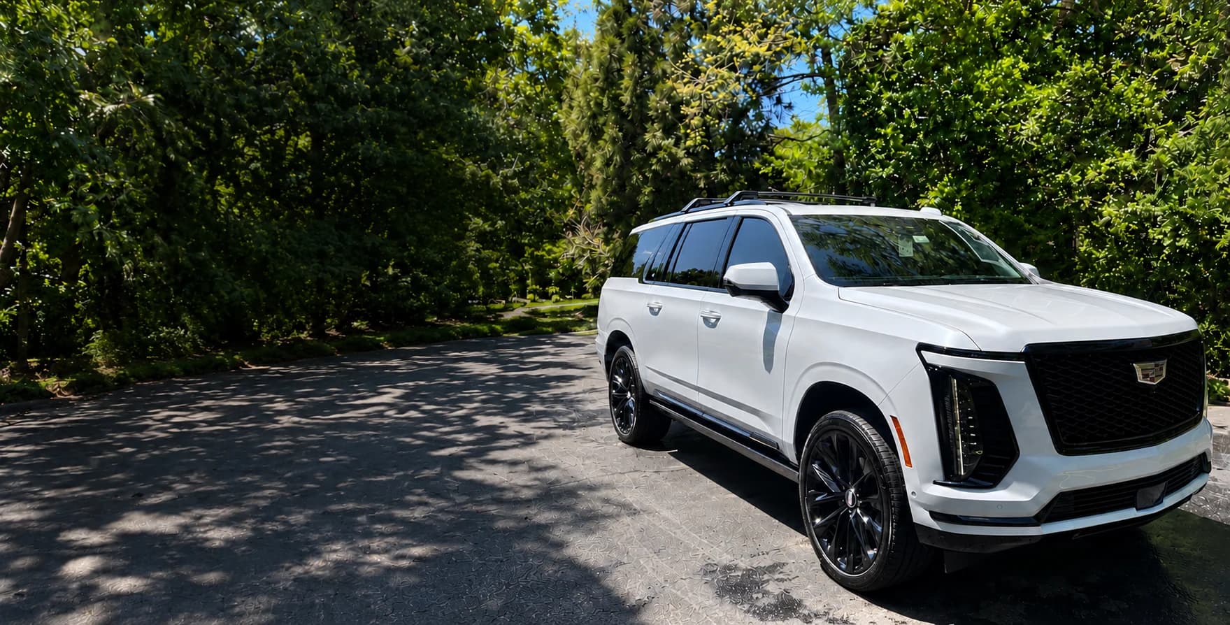 White Cadillac Escalade in a tree-lined client driveway
