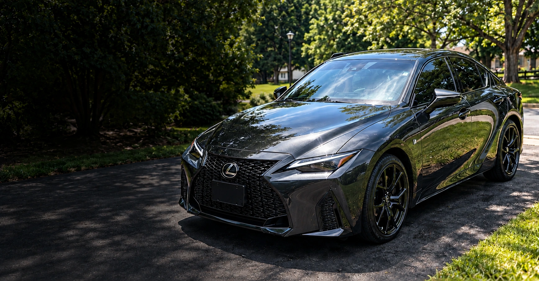 Detailed dark gray Lexus sedan on a tree-lined driveway